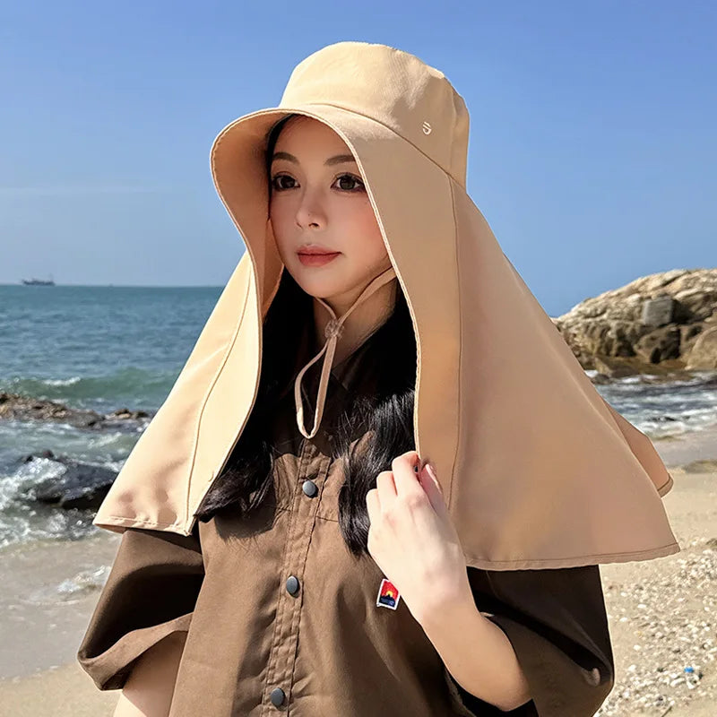 Summer New Women Shawl Neck Protection Integrated Sun Hats Outdoor Face Cover Sun Protection Full Face Sunscreen Female Hats