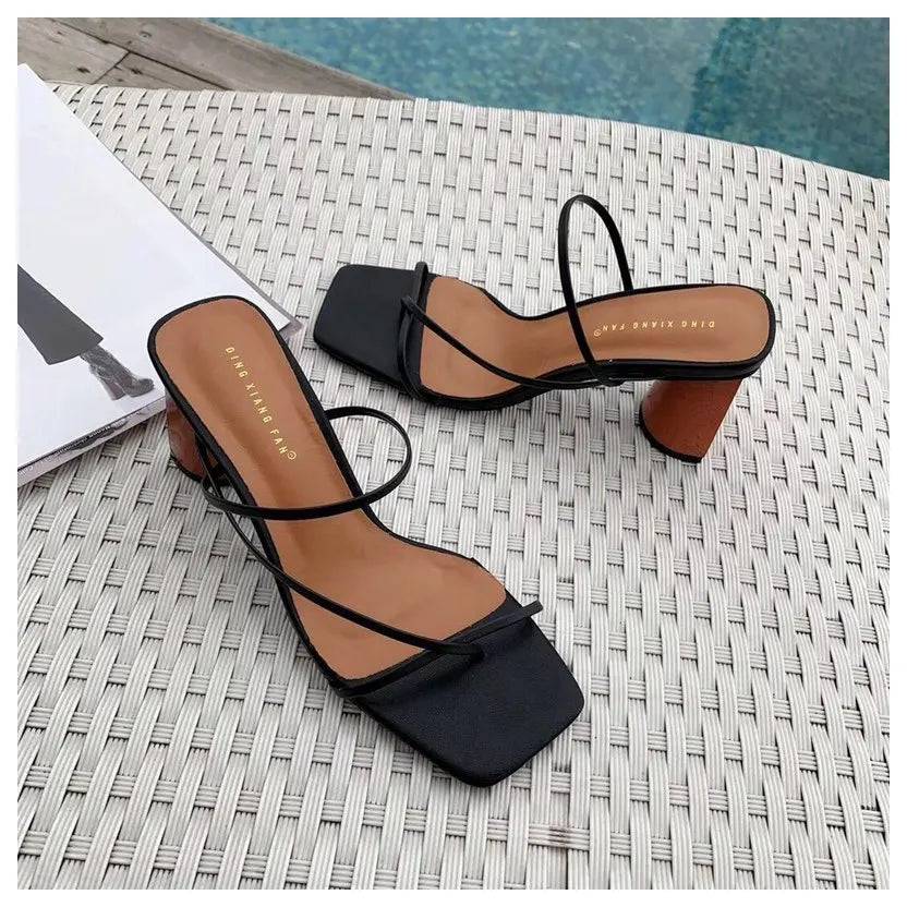 2022 Summer Elegant Women Narrow Band Slides High Heel Slippers Female Peep Toe Wood Block Heel Sandals For Party Shoes Slippers
