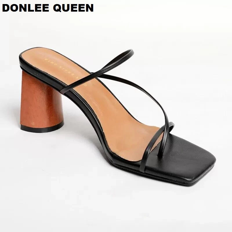 2022 Summer Elegant Women Narrow Band Slides High Heel Slippers Female Peep Toe Wood Block Heel Sandals For Party Shoes Slippers