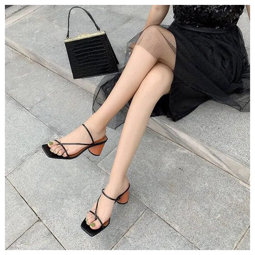 2022 Summer Elegant Women Narrow Band Slides High Heel Slippers Female Peep Toe Wood Block Heel Sandals For Party Shoes Slippers