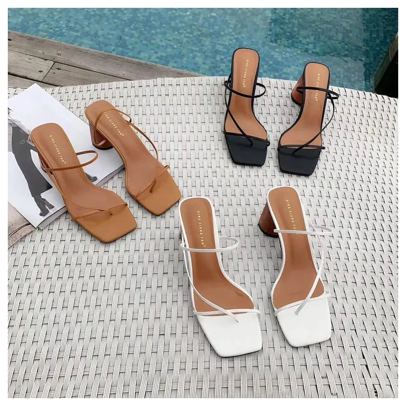 2022 Summer Elegant Women Narrow Band Slides High Heel Slippers Female Peep Toe Wood Block Heel Sandals For Party Shoes Slippers