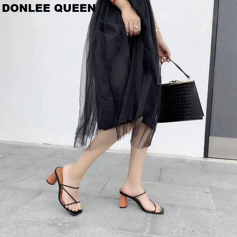 2022 Summer Elegant Women Narrow Band Slides High Heel Slippers Female Peep Toe Wood Block Heel Sandals For Party Shoes Slippers