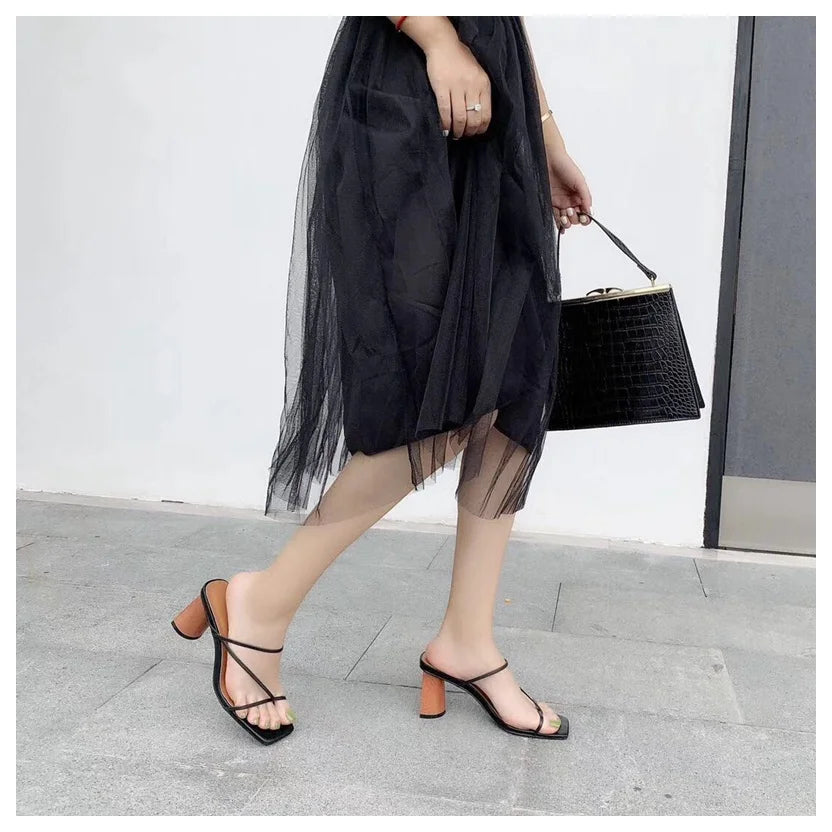2022 Summer Elegant Women Narrow Band Slides High Heel Slippers Female Peep Toe Wood Block Heel Sandals For Party Shoes Slippers