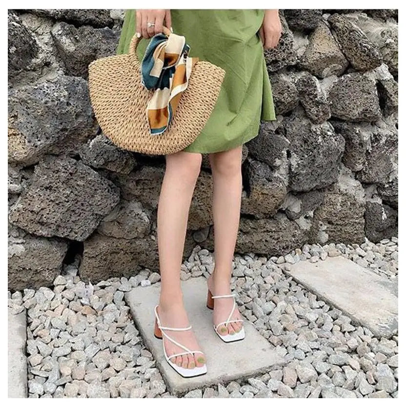2022 Summer Elegant Women Narrow Band Slides High Heel Slippers Female Peep Toe Wood Block Heel Sandals For Party Shoes Slippers