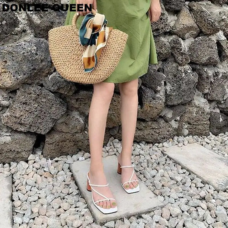 2022 Summer Elegant Women Narrow Band Slides High Heel Slippers Female Peep Toe Wood Block Heel Sandals For Party Shoes Slippers
