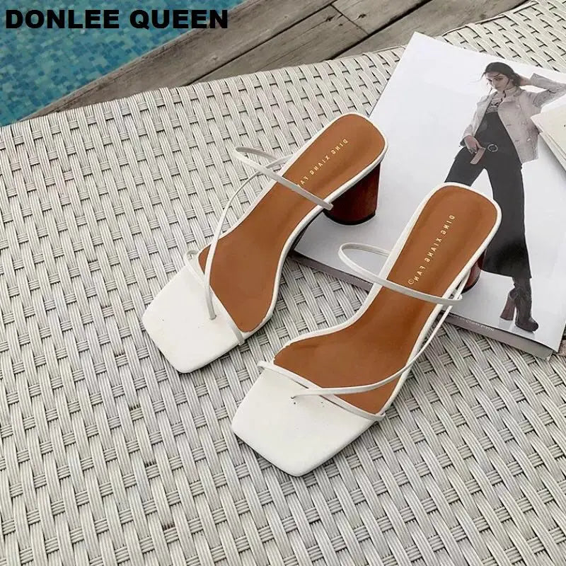 2022 Summer Elegant Women Narrow Band Slides High Heel Slippers Female Peep Toe Wood Block Heel Sandals For Party Shoes Slippers
