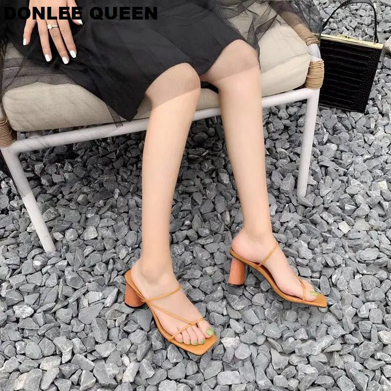 2022 Summer Elegant Women Narrow Band Slides High Heel Slippers Female Peep Toe Wood Block Heel Sandals For Party Shoes Slippers