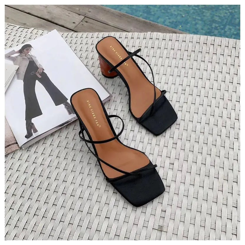 2022 Summer Elegant Women Narrow Band Slides High Heel Slippers Female Peep Toe Wood Block Heel Sandals For Party Shoes Slippers