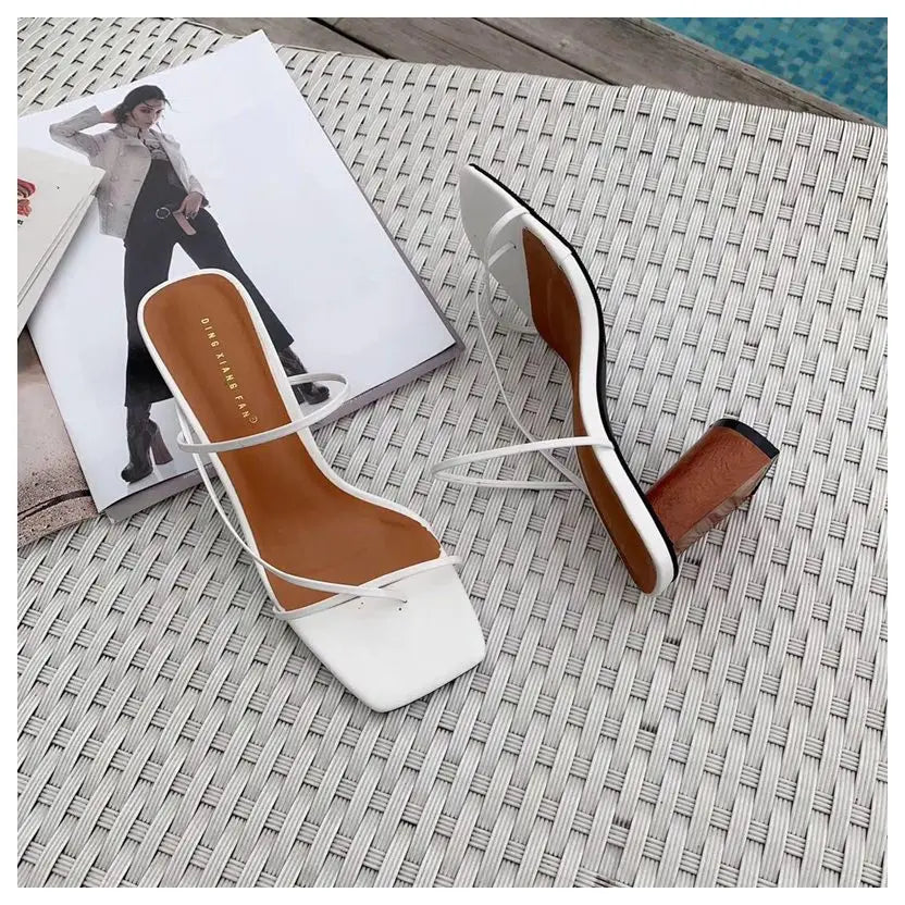 2022 Summer Elegant Women Narrow Band Slides High Heel Slippers Female Peep Toe Wood Block Heel Sandals For Party Shoes Slippers