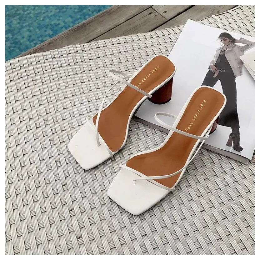 2022 Summer Elegant Women Narrow Band Slides High Heel Slippers Female Peep Toe Wood Block Heel Sandals For Party Shoes Slippers