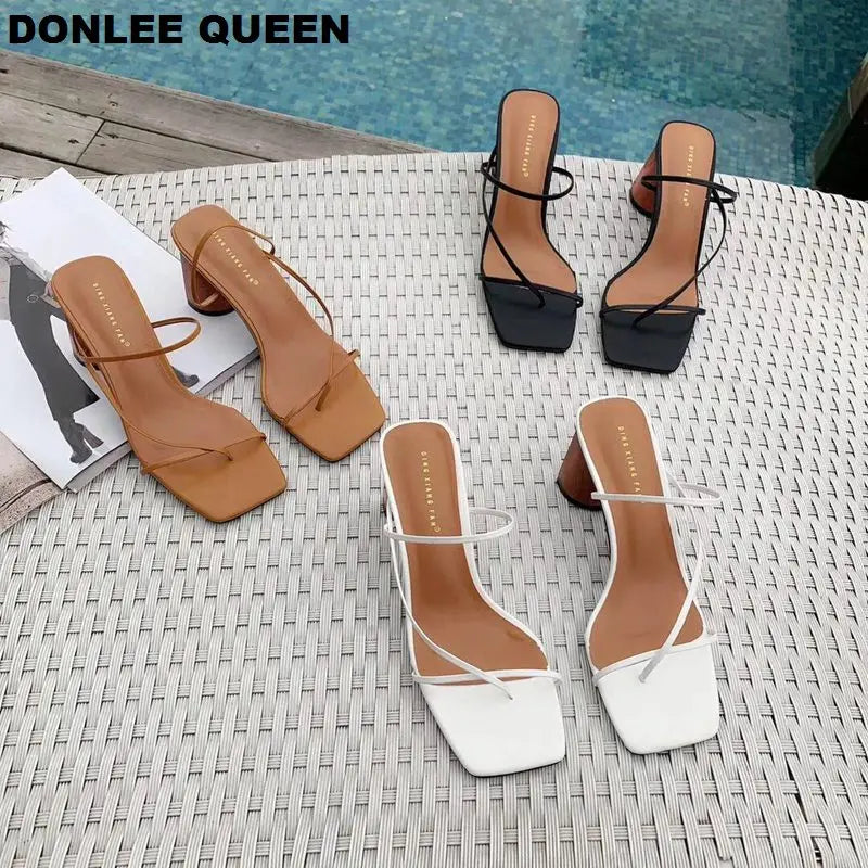 2022 Summer Elegant Women Narrow Band Slides High Heel Slippers Female Peep Toe Wood Block Heel Sandals For Party Shoes Slippers