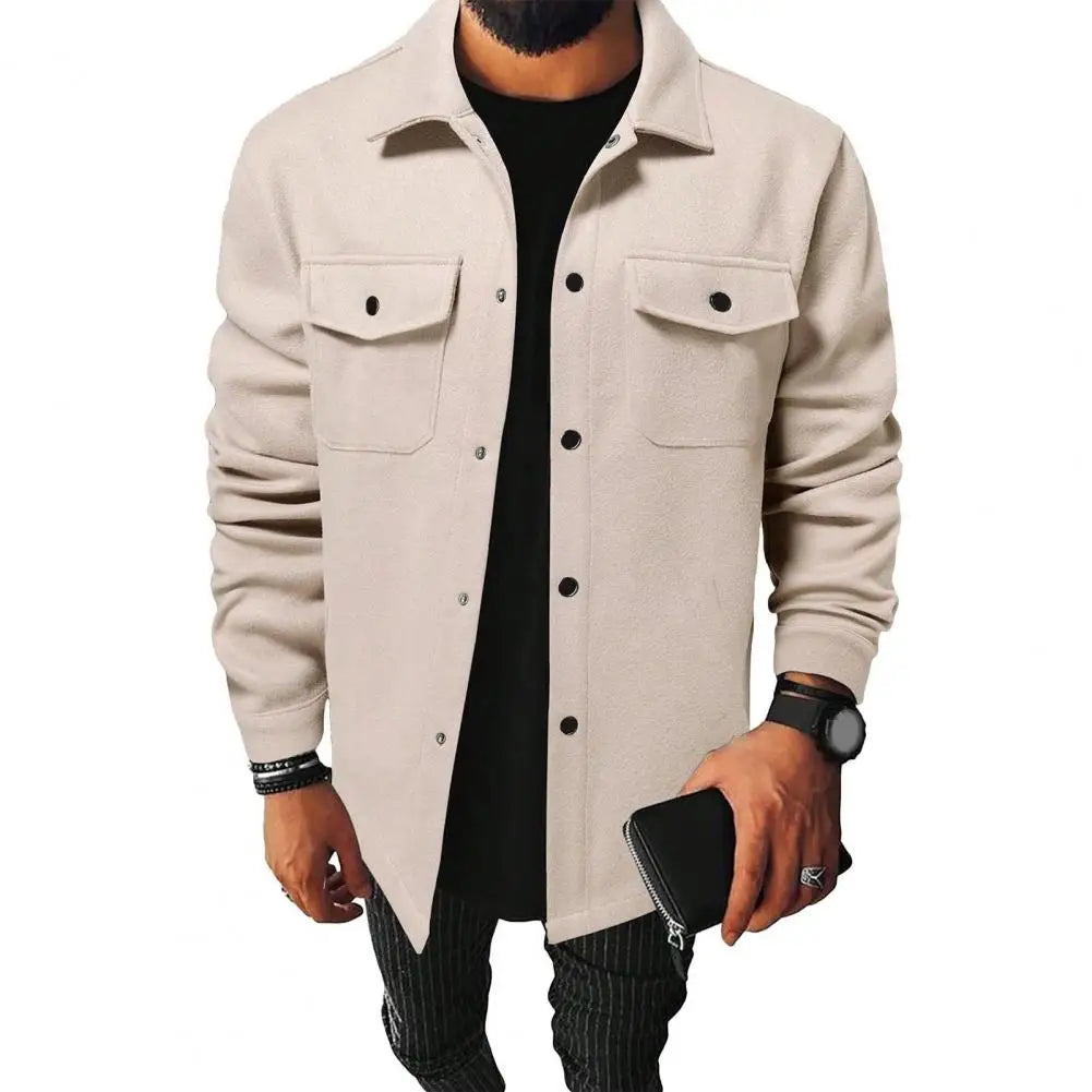 Retro Texture Shirt Jacket Men's Solid Color Lapel Shirt Jacket Autumn Winter Long Sleeve Coat with Flap Pockets Single Breasted