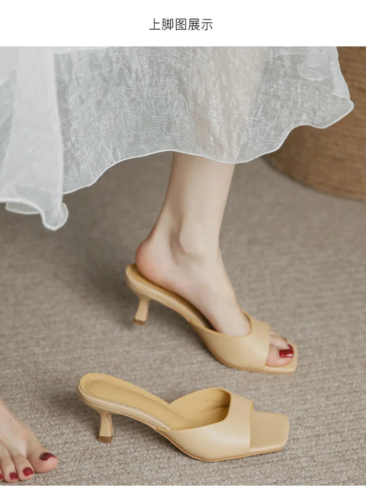 2025 new Summer Square Head open toe High Heel Women's Slippers pu Leather Prom Shoes Series Fine Heel Sandals Ladies Slippers