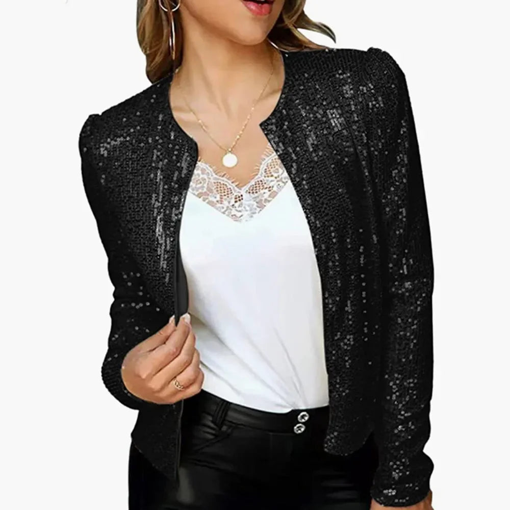 2025 Spring Sequin Jackets Women Glitter Long Sleeve Short Coats Fashion Elegant Outwear Office Ladies Solid Streetwear Jacket