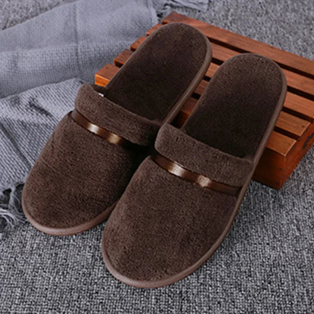 1 Pair Reusable Hotel Slippers For Men Women Coral Fleece Slippers Non-slip Breathable Soft Winter Accessories Indoor Shoes
