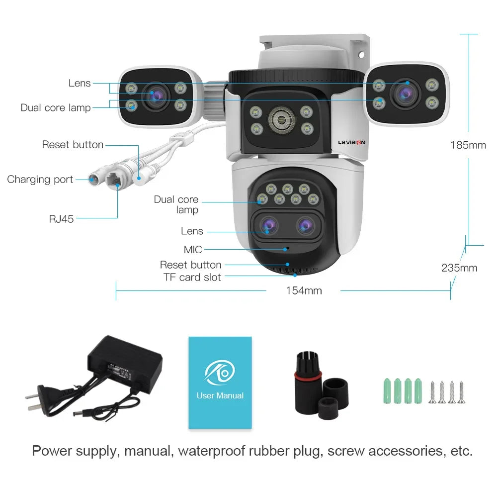 LS VISION 20MP Four Screens WiFi Security Camera Outdoor 10X Optical Zoom Four Lens Human Auto Tracking Waterproof CCTV Cameras