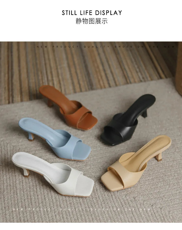 2025 new Summer Square Head open toe High Heel Women's Slippers pu Leather Prom Shoes Series Fine Heel Sandals Ladies Slippers