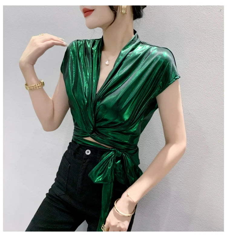 Street wear Gold Silver Green Shinny Short Sleeve Blouse Women Sexy Irregular Short Wrap Shirt Female Bandage Summer Tops