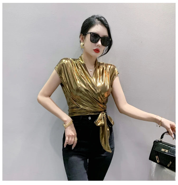 Street wear Gold Silver Green Shinny Short Sleeve Blouse Women Sexy Irregular Short Wrap Shirt Female Bandage Summer Tops
