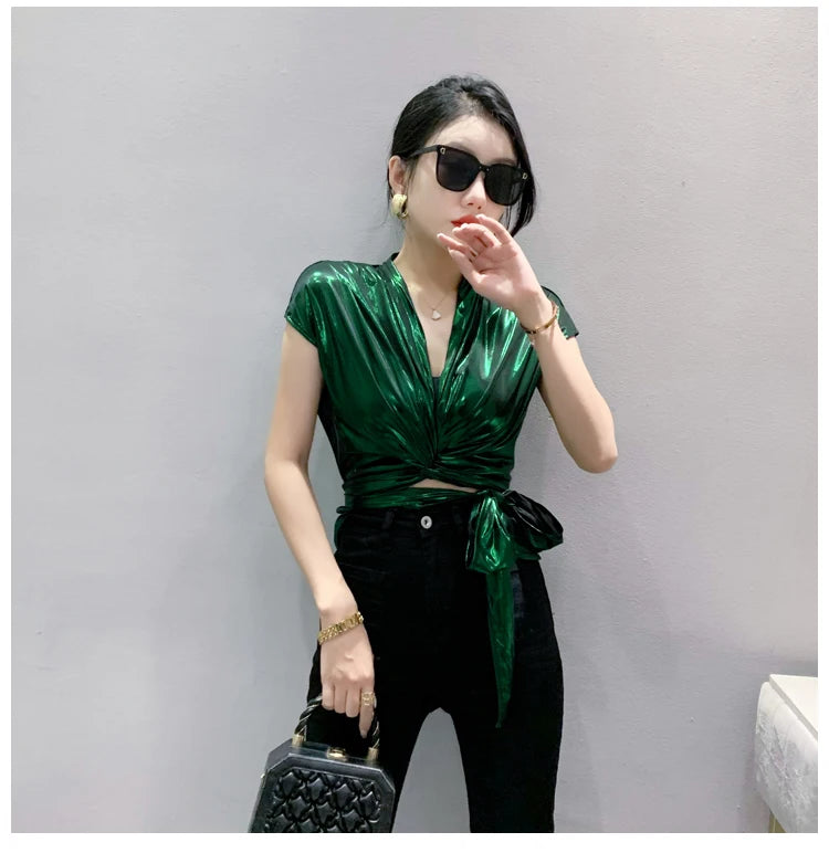 Street wear Gold Silver Green Shinny Short Sleeve Blouse Women Sexy Irregular Short Wrap Shirt Female Bandage Summer Tops