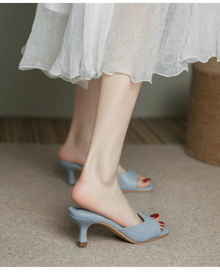 2025 new Summer Square Head open toe High Heel Women's Slippers pu Leather Prom Shoes Series Fine Heel Sandals Ladies Slippers