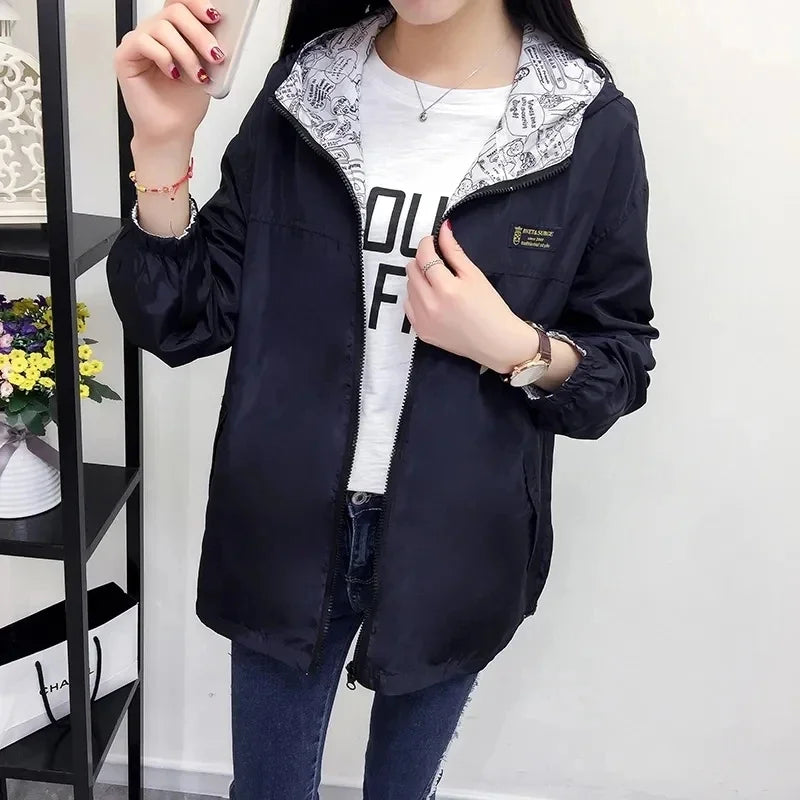 Double-Sided Trench Coat Women 2023 New Spring Autumn Clothes Hooded Windbreaker Jacket Female Outerwear Tops Student Coats 3XL