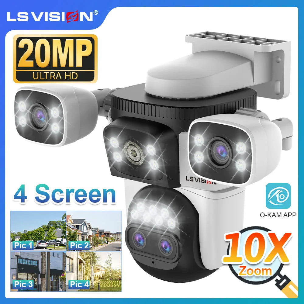 LS VISION 20MP Four Screens WiFi Security Camera Outdoor 10X Optical Zoom Four Lens Human Auto Tracking Waterproof CCTV Cameras