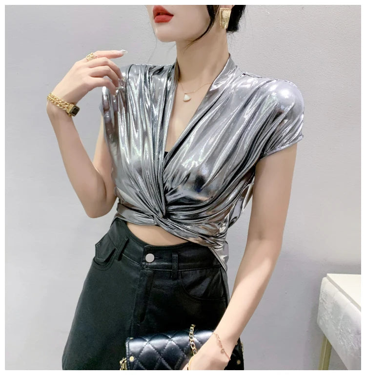 Street wear Gold Silver Green Shinny Short Sleeve Blouse Women Sexy Irregular Short Wrap Shirt Female Bandage Summer Tops