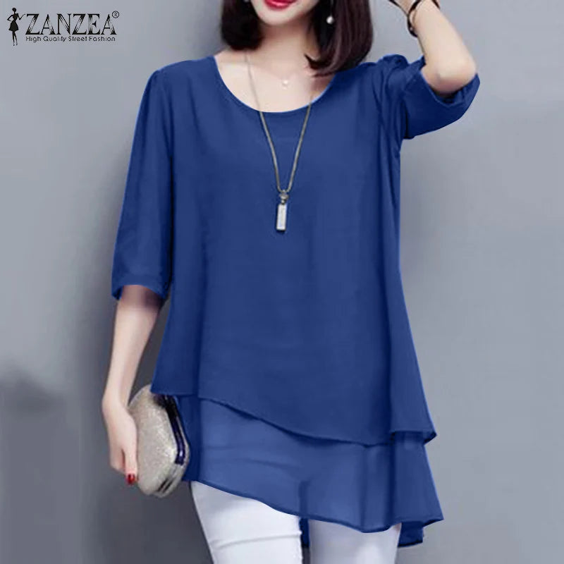 2024 ZANZEA Summer Women Fashion Lace Patchwork Blouse 3/4 Sleeved O-Neck Shirt Casual Irregular Hem Shirt Tops Blusas Oversized