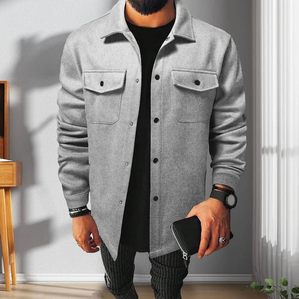 Retro Texture Shirt Jacket Men's Solid Color Lapel Shirt Jacket Autumn Winter Long Sleeve Coat with Flap Pockets Single Breasted