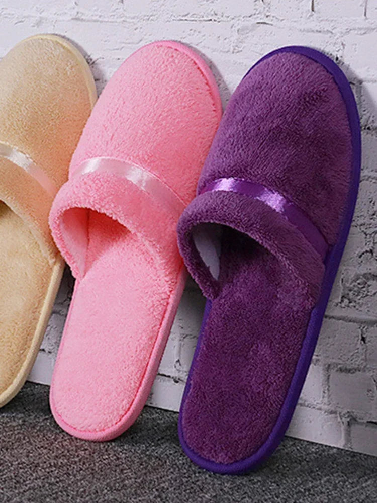 1 Pair Reusable Hotel Slippers For Men Women Coral Fleece Slippers Non-slip Breathable Soft Winter Accessories Indoor Shoes