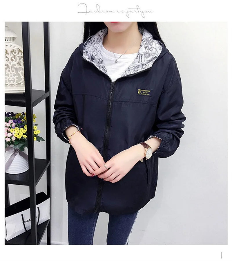 Double-Sided Trench Coat Women 2023 New Spring Autumn Clothes Hooded Windbreaker Jacket Female Outerwear Tops Student Coats 3XL