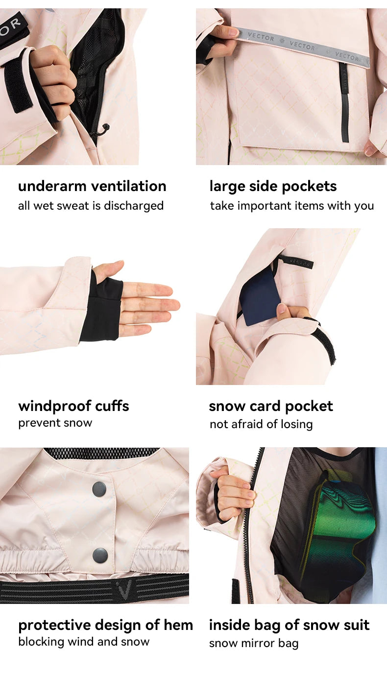 VECTOR Brand Men Women Ski Jacket Winter Warm Windproof Waterproof Ski Suit Outdoor Sports Snowboard Coat Splicing double plate