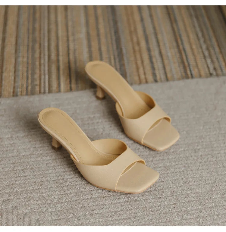 2025 new Summer Square Head open toe High Heel Women's Slippers pu Leather Prom Shoes Series Fine Heel Sandals Ladies Slippers