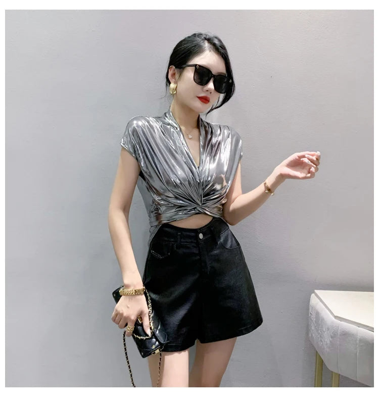 Street wear Gold Silver Green Shinny Short Sleeve Blouse Women Sexy Irregular Short Wrap Shirt Female Bandage Summer Tops