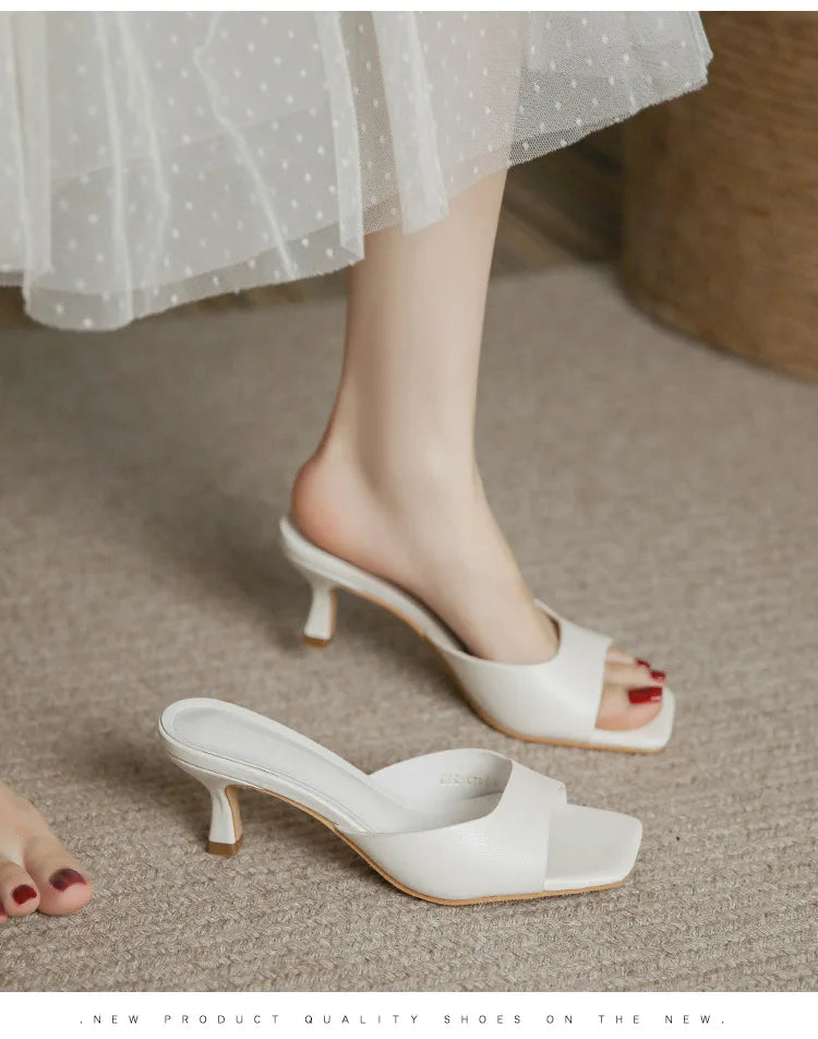 2025 new Summer Square Head open toe High Heel Women's Slippers pu Leather Prom Shoes Series Fine Heel Sandals Ladies Slippers