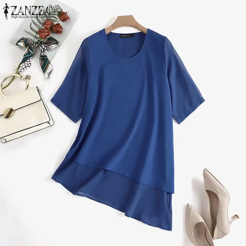 2024 ZANZEA Summer Women Fashion Lace Patchwork Blouse 3/4 Sleeved O-Neck Shirt Casual Irregular Hem Shirt Tops Blusas Oversized
