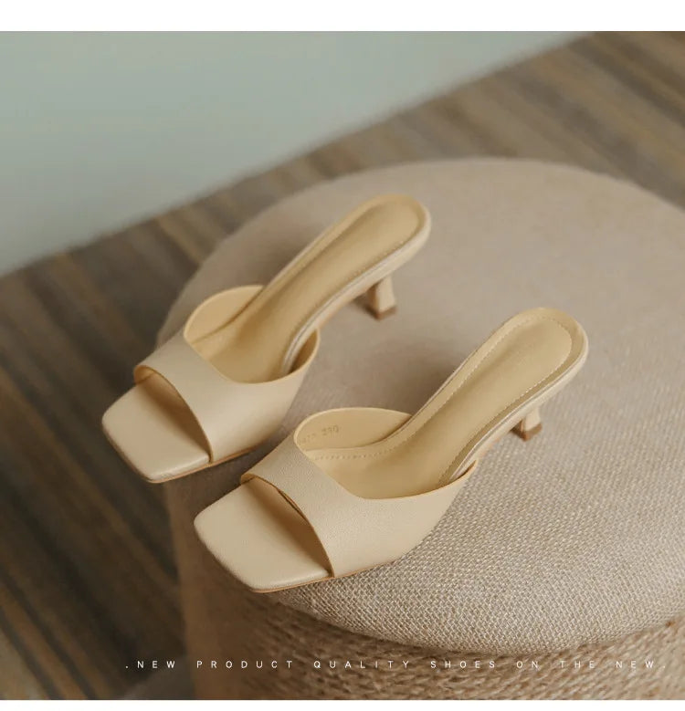 2025 new Summer Square Head open toe High Heel Women's Slippers pu Leather Prom Shoes Series Fine Heel Sandals Ladies Slippers