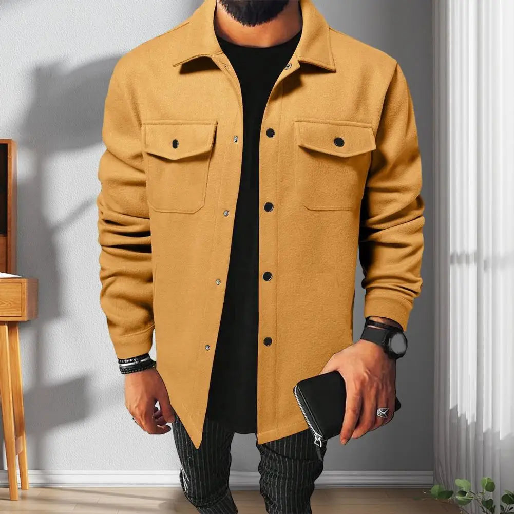 Retro Texture Shirt Jacket Men's Solid Color Lapel Shirt Jacket Autumn Winter Long Sleeve Coat with Flap Pockets Single Breasted