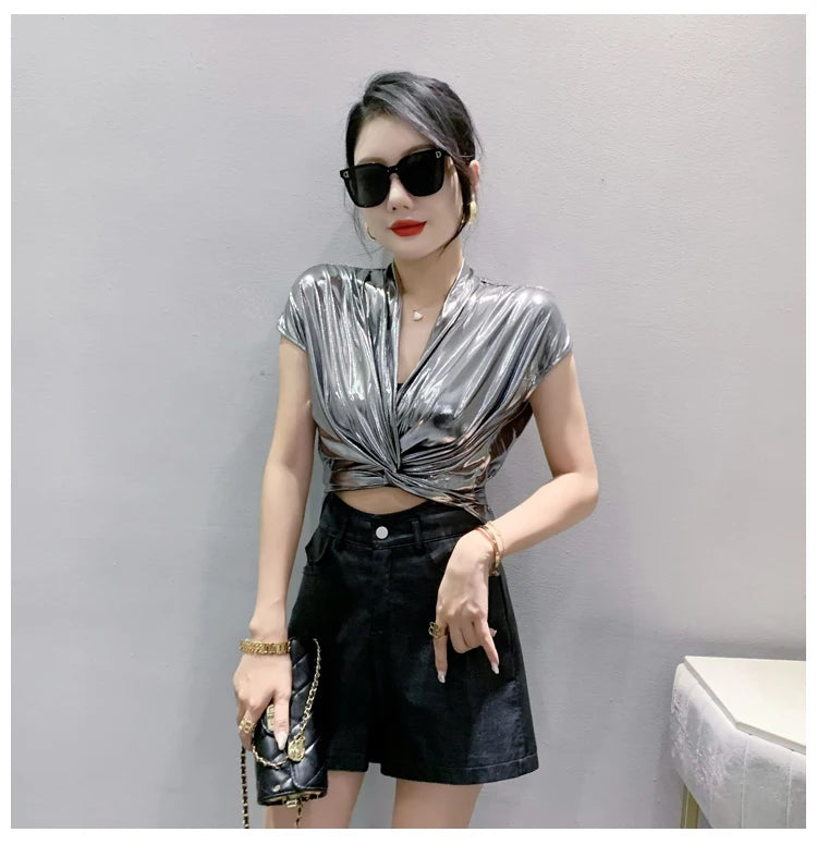 Street wear Gold Silver Green Shinny Short Sleeve Blouse Women Sexy Irregular Short Wrap Shirt Female Bandage Summer Tops