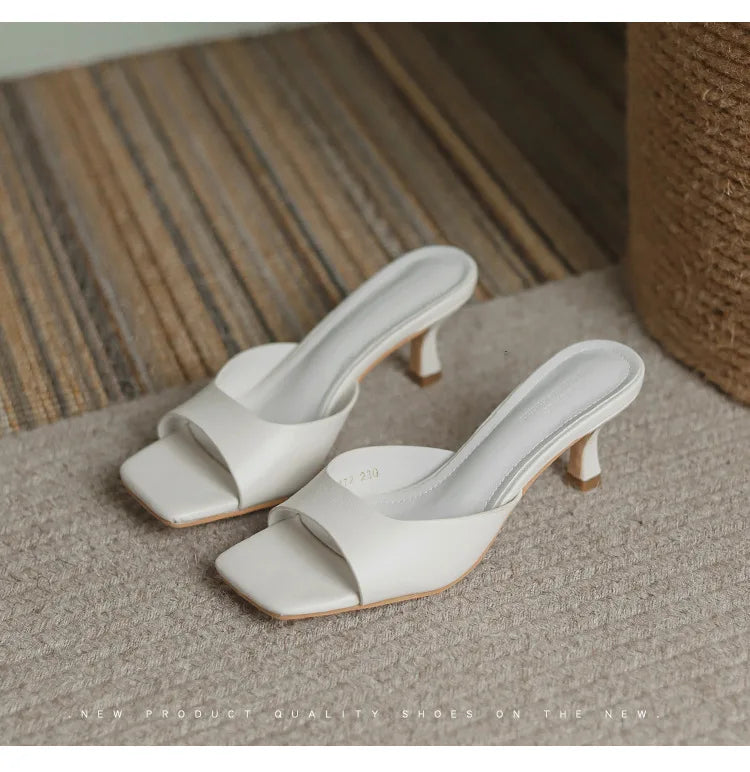 2025 new Summer Square Head open toe High Heel Women's Slippers pu Leather Prom Shoes Series Fine Heel Sandals Ladies Slippers