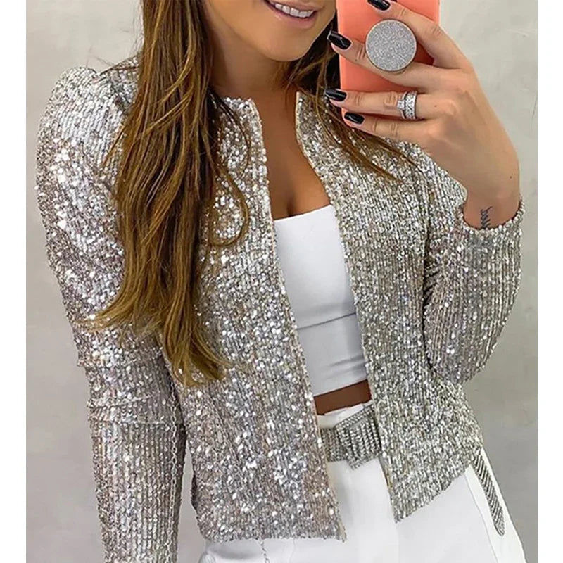 2025 Spring Sequin Jackets Women Glitter Long Sleeve Short Coats Fashion Elegant Outwear Office Ladies Solid Streetwear Jacket