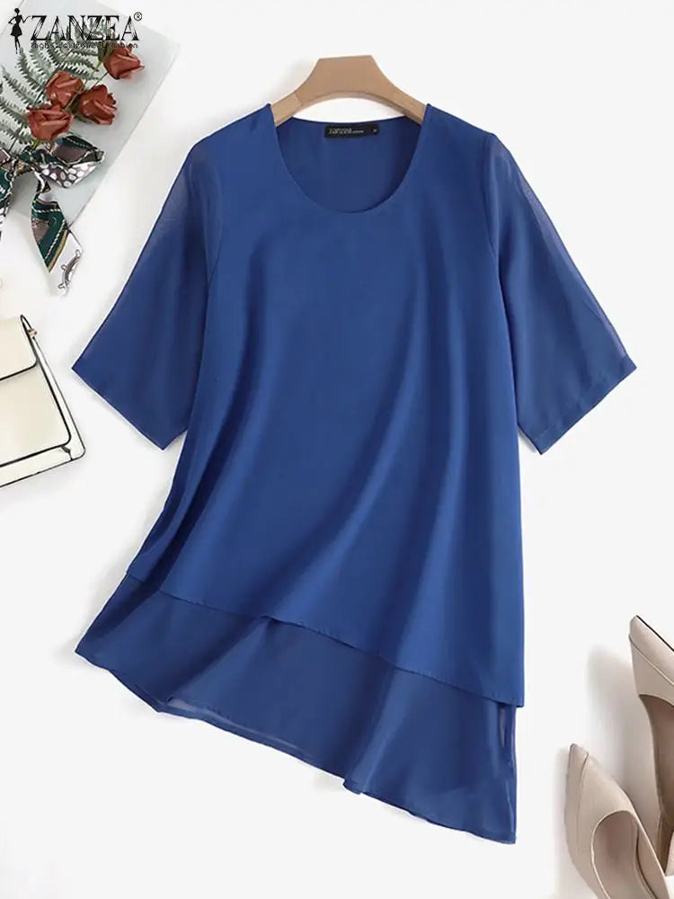 2024 ZANZEA Summer Women Fashion Lace Patchwork Blouse 3/4 Sleeved O-Neck Shirt Casual Irregular Hem Shirt Tops Blusas Oversized