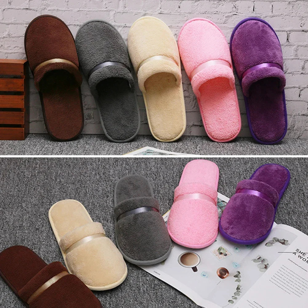 1 Pair Reusable Hotel Slippers For Men Women Coral Fleece Slippers Non-slip Breathable Soft Winter Accessories Indoor Shoes