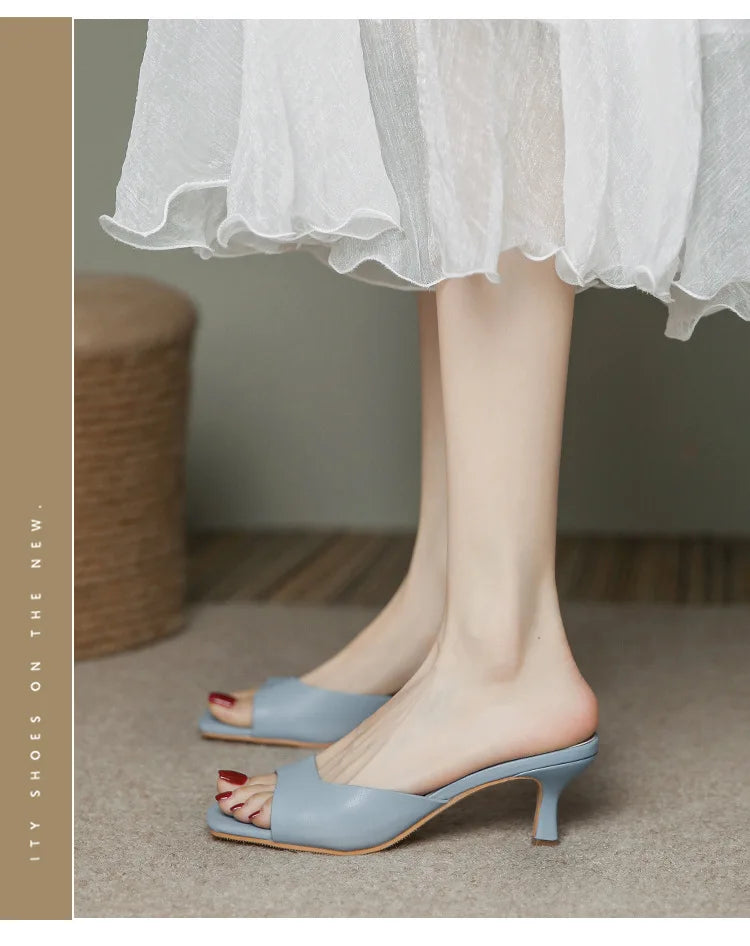 2025 new Summer Square Head open toe High Heel Women's Slippers pu Leather Prom Shoes Series Fine Heel Sandals Ladies Slippers