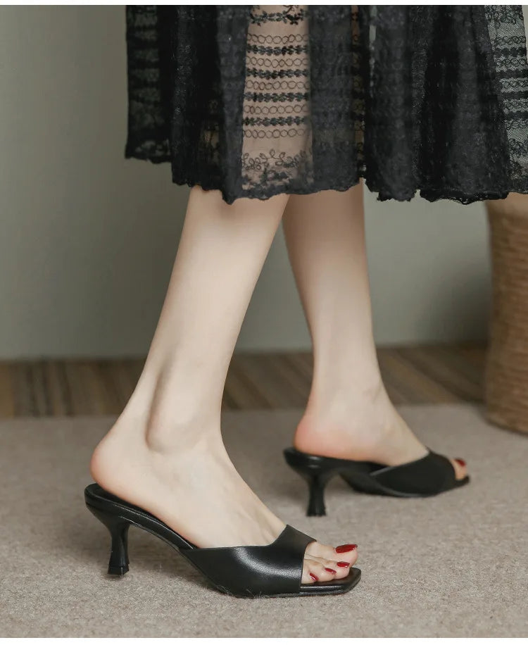 2025 new Summer Square Head open toe High Heel Women's Slippers pu Leather Prom Shoes Series Fine Heel Sandals Ladies Slippers