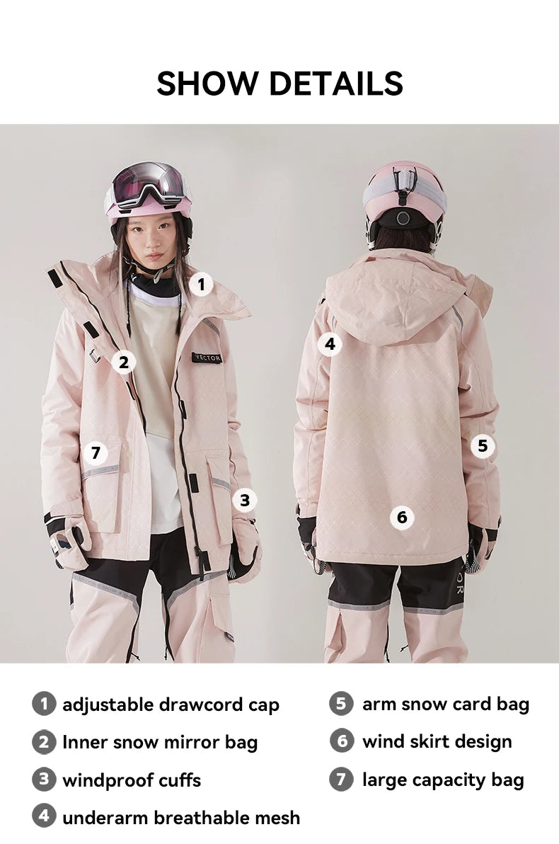 VECTOR Brand Men Women Ski Jacket Winter Warm Windproof Waterproof Ski Suit Outdoor Sports Snowboard Coat Splicing double plate