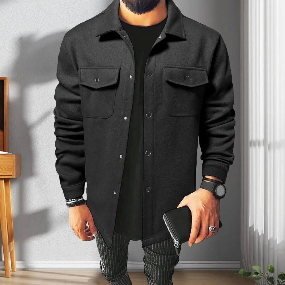 Retro Texture Shirt Jacket Men's Solid Color Lapel Shirt Jacket Autumn Winter Long Sleeve Coat with Flap Pockets Single Breasted