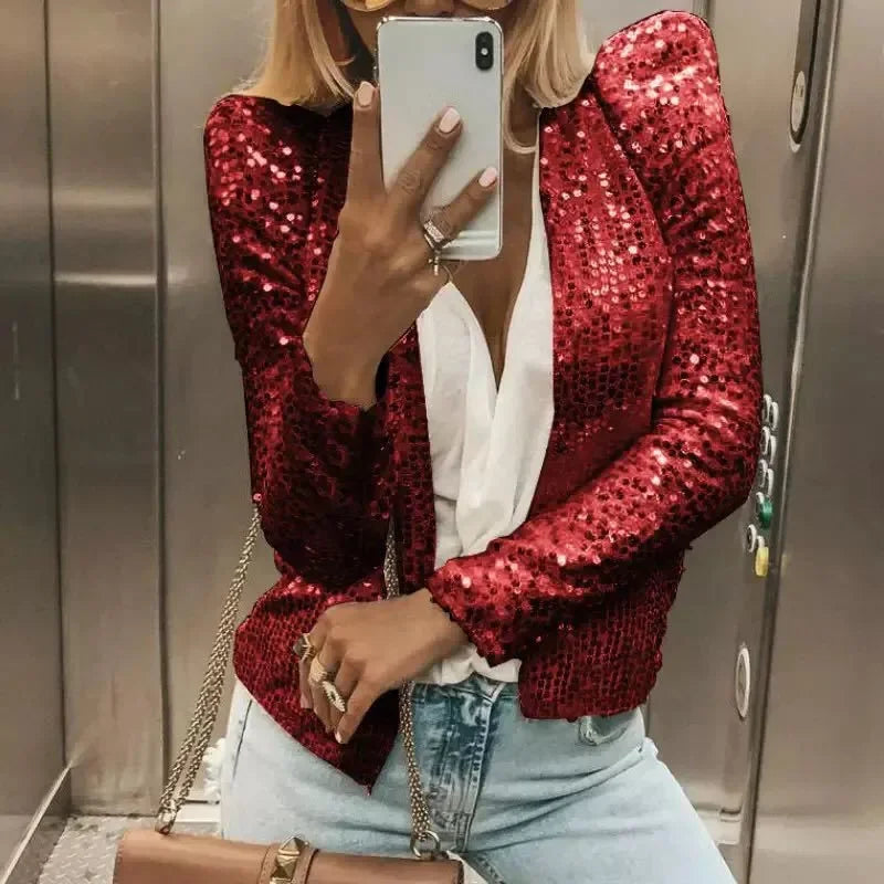 2025 Spring Sequin Jackets Women Glitter Long Sleeve Short Coats Fashion Elegant Outwear Office Ladies Solid Streetwear Jacket