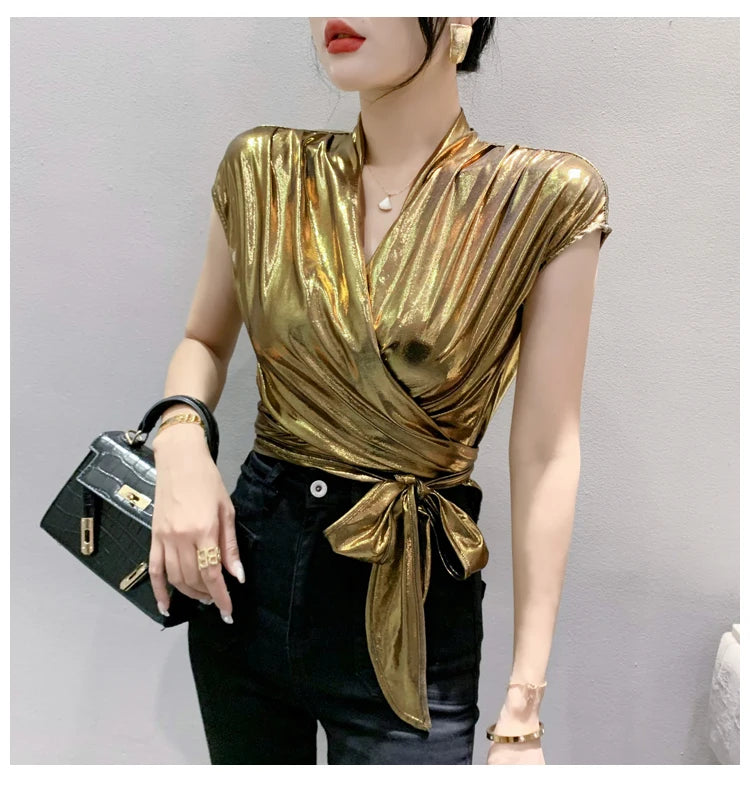 Street wear Gold Silver Green Shinny Short Sleeve Blouse Women Sexy Irregular Short Wrap Shirt Female Bandage Summer Tops